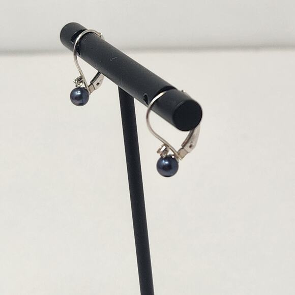 Black Pearl Diamond 14k White Gold Leverback Earrings Dainty Fine Jewelry - Picture 3 of 5